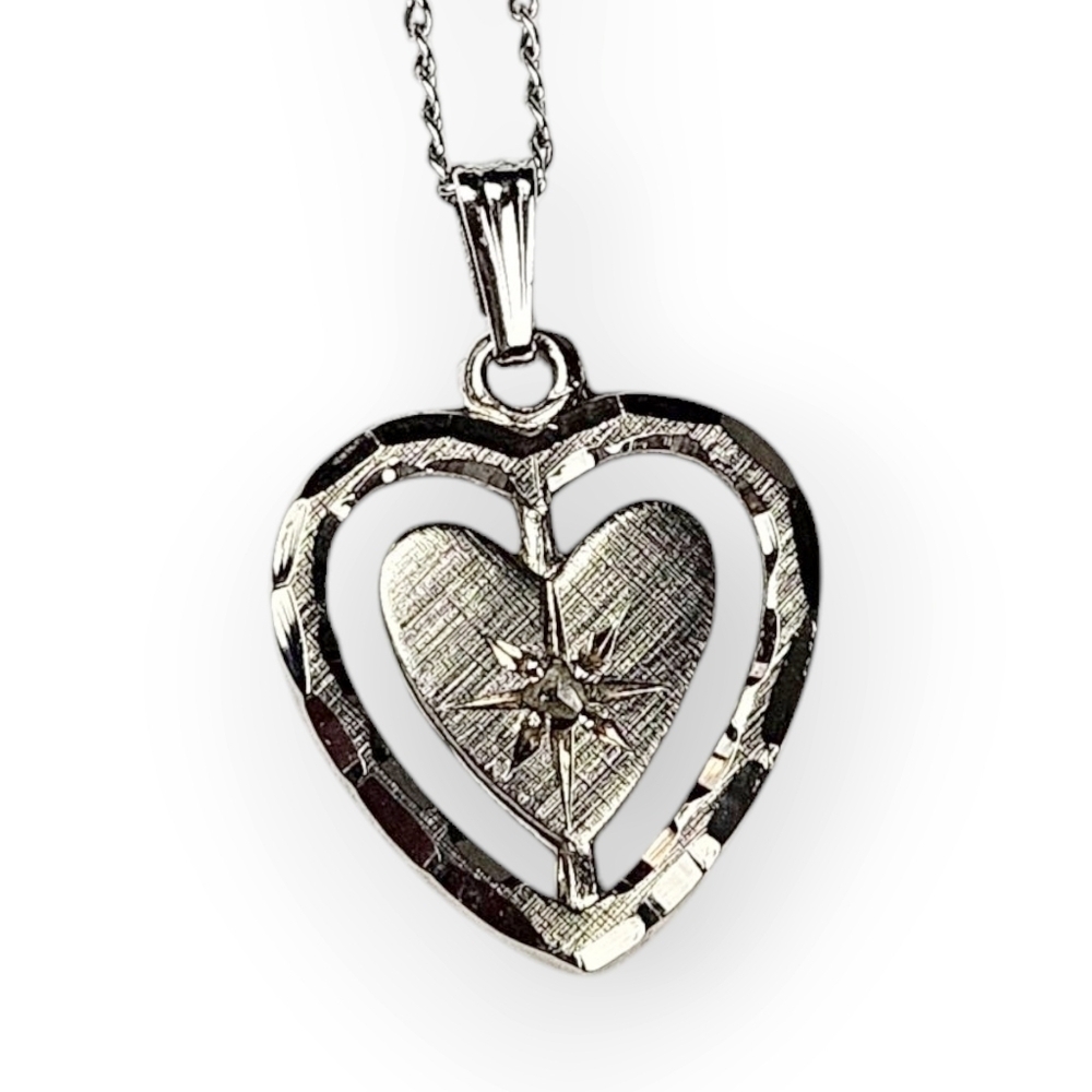 Diamond Chip Sterling Double Heart Pendant Chain Necklace Vtg Tru-Kay 925 Silver